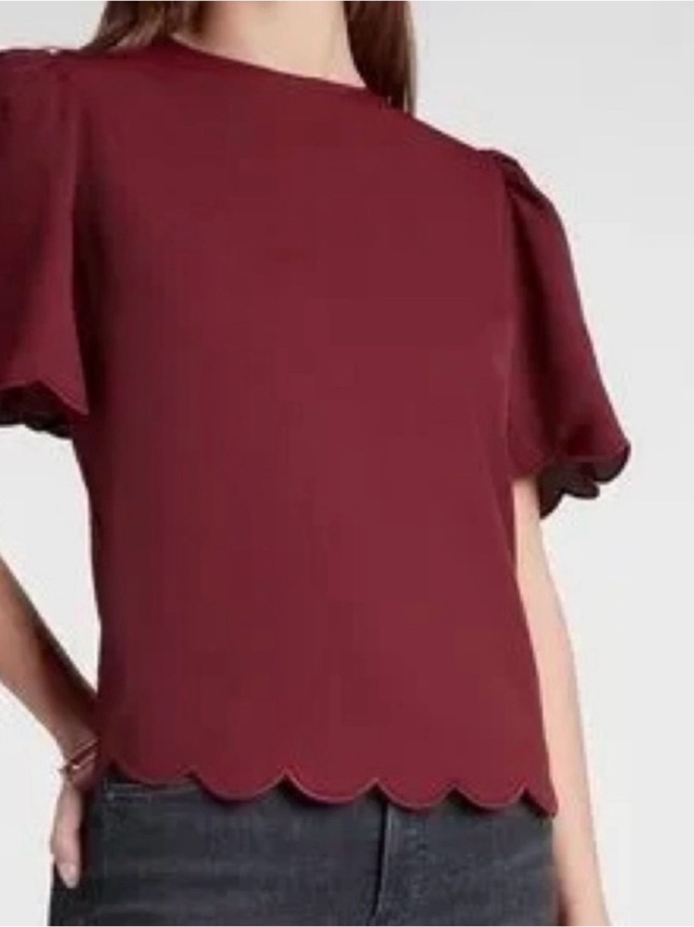 Express Burgundy Scalloped Hem Short Sleeve Blouse